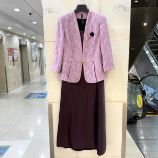 缎面中长背心裙时尚 复古提花天丝西装 两件套春 A27020 柏菲尔BFE