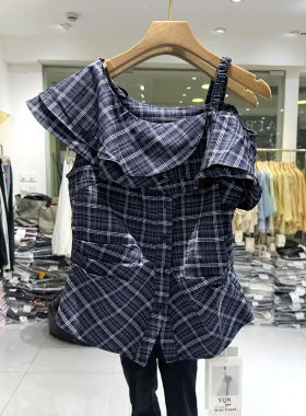 雅琪娜R9207 斜荷叶边单露肩皱褶修身格子衬衣小衫上衣欧货夏装