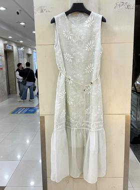 33-58101 串珠腰带拼鱼尾树叶刺绣花减龄无袖长款连衣裙背心裙夏