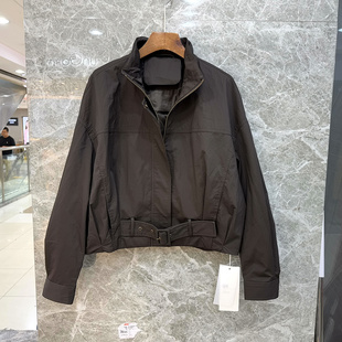 QCX268009 拼扣腰间拉链立领休闲减龄显瘦短装皮衣夹克外套秋装女