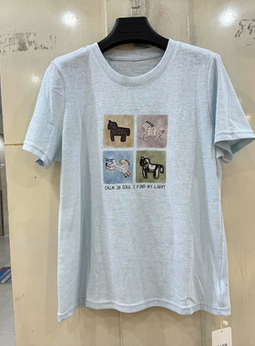 Z38195 钉珠小马卡通图案圆领短袖休闲减龄T恤上衣欧洲站春夏正品