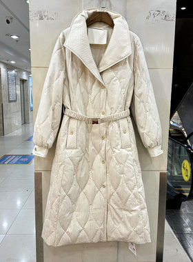 罗琳格L25878 侧单排扣大翻领腰带收腰冰花修身长款羽绒服欧货冬