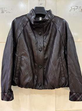 OSY-26A6115 拼格子袖口单排扣立领休闲短装PU皮皮衣夹克外套春装