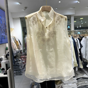 人丝衬衣马甲上衣欧货春夏 一粒扣立领重工刺绣花无袖 CZ26199 时尚