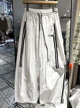 一品道7129 抽绳松紧腰撞色拼织条休闲运动弯刀裤女裤欧货夏正品
