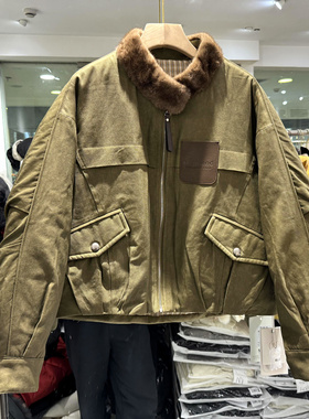 韩伊雪H58191 吸铁石水貂毛立领复古轻奢短工装鹅绒羽绒派克服冬