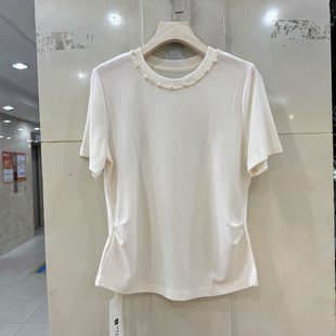 艾嫚伊A5559 重工钉珠圆领短袖皱褶修身弹力醋酸T恤小衫上衣春夏