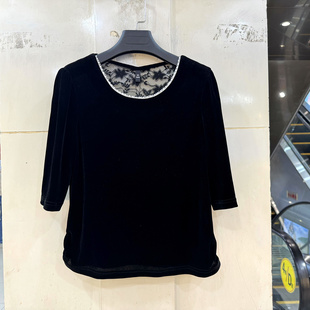 丝绒小衫 柏菲尔BFE 皱褶修身 C26202 秋 钉珠圆领后背镂空蕾丝中袖