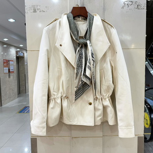 F602017 高级感碎花丝巾翻领双排扣抽绳收腰小个英伦风衣外套春装