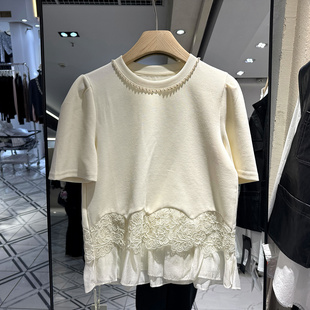 上衣欧洲站春夏女 T恤小衫 艾嫚伊A5556 镶钻圆领蕾丝拼接下摆短袖