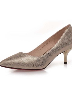 KUUKI/高琪春秋款浅口工作单鞋 纯色尖头酒杯跟高跟布纹羊皮88956