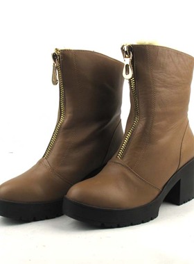 KUUKI高琪包邮女靴圆头高跟真皮牛皮面绒里短筒时装靴63231