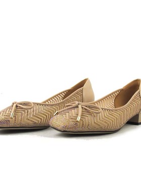 KUUKI高琪女鞋包邮通勤新品方头牛皮配超纤钻网面低跟浅口鞋55326