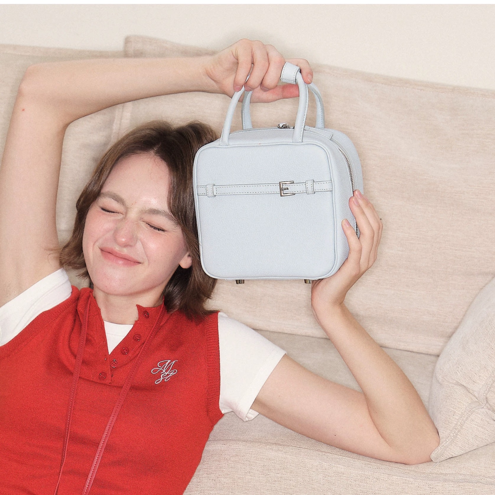 aaip礼物盒子拼接撞色吐司包法式真皮包女可爱蓝色荔枝纹小双肩包