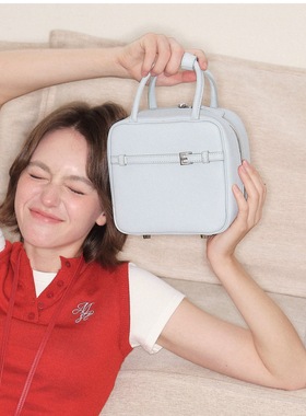 aaip礼物盒子拼接撞色吐司包法式真皮包女可爱蓝色荔枝纹小双肩包