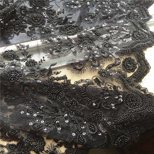 出口订单重磅网纱钉珠绣花蕾丝面料 礼服晚装连衣裙布料 闪亮黑色