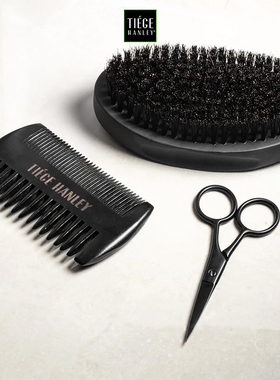 Tiece Hanley-天然野猪鬃毛刷胡须剪木质梳子防胡须打结胡须套装