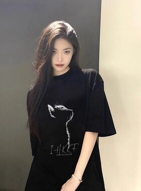 纯棉猫咪印花黑色短袖T恤女夏2026新款美式复古潮牌半袖体恤上衣