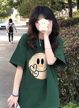 墨绿色短袖T恤女2025新款夏季oversize宽松纯棉小众半袖潮牌上衣