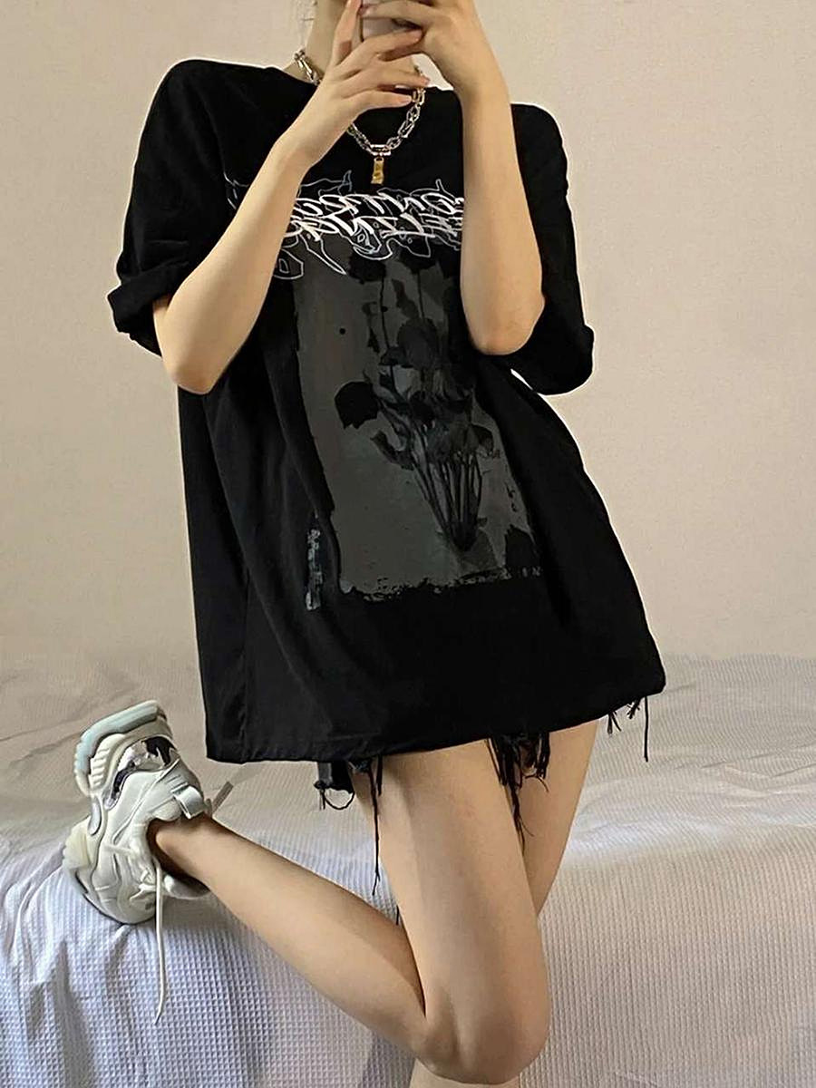 100%纯棉美式复古短袖t恤女夏季宽松小众港风chic高街半袖上衣ins