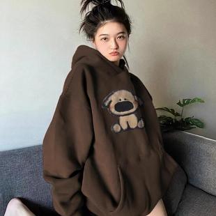 纯棉美式 上衣 棕色连帽卫衣女秋冬加绒加厚oversize慵懒风春秋薄款