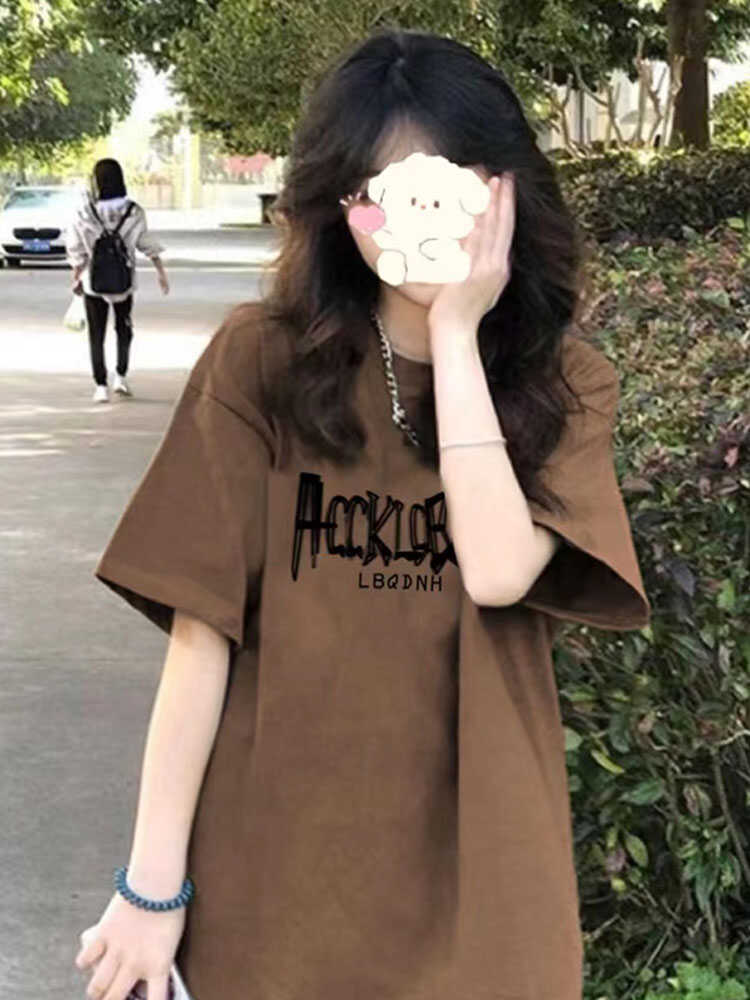 纯棉美式棕色短袖t恤女2025新款爆款夏季宽松设计感小众半袖上衣