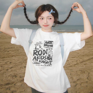 设计感小众半袖 纯棉美式 爆款 t恤女夏2025新款 上衣潮 字母白色短袖