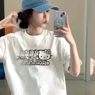 宽松半袖 白色正肩纯棉短袖 美式 t恤女2025新款 小众设计感上衣 夏季