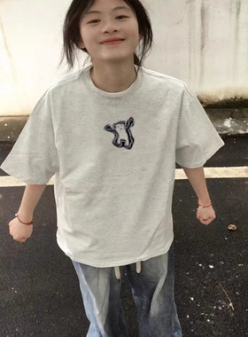 纯棉美式正肩灰色短袖t恤女2025新款爆款夏季宽松设计感小众上衣