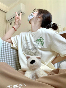 小众设计感上衣 纯棉趣味印花白色短袖 T恤女2025新款 夏季 宽松半袖