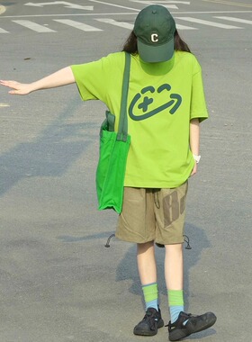 纯棉果绿色短袖T恤女2025新款夏季宽松日系半袖设计感小众上衣潮