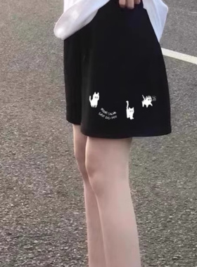 纯棉黑色短裤女夏季外穿小个子运动休闲百搭美式宽松五分裤阔腿裤