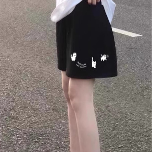 阔腿裤 纯棉黑色短裤 宽松五分裤 外穿小个子运动休闲百搭美式 女夏季