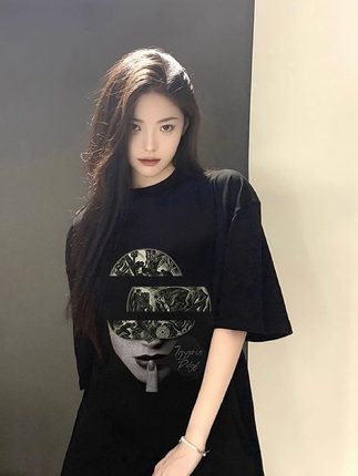 纯棉美式复古街头嘻哈人脸印花短袖T恤女夏2025新款宽松潮牌上衣