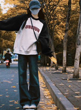 纯棉美式复古插肩圆领卫衣女春秋款宽松oversize小个子慵懒风外套
