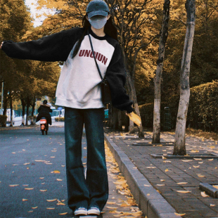 纯棉美式 宽松oversize小个子慵懒风外套 复古插肩圆领卫衣女春秋款