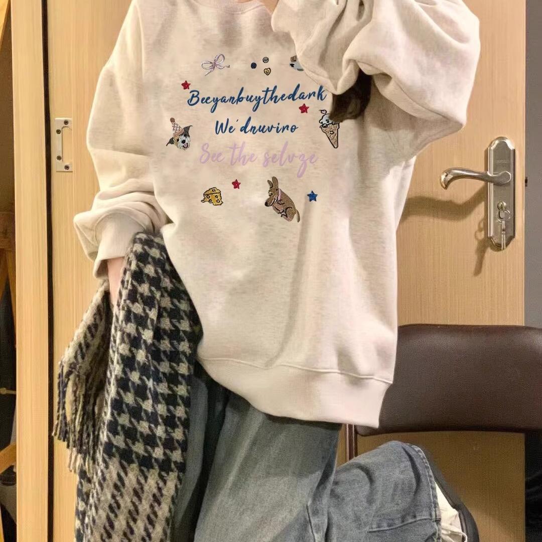 加绒加厚宽松纯棉设计感圆领卫衣