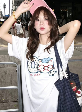 2026新款夏季纯棉白色短袖T恤女可爱猫咪卡通印花宽松设计感上衣