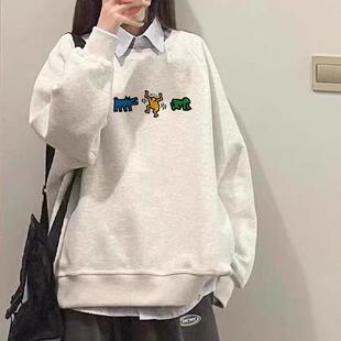 纯棉美式复古hiphop小个子圆领卫衣女秋冬加绒加厚宽松慵懒风上衣