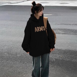 重磅黑色卫衣女2025新款爆款秋冬加绒加厚慵懒风宽松百搭连帽外套