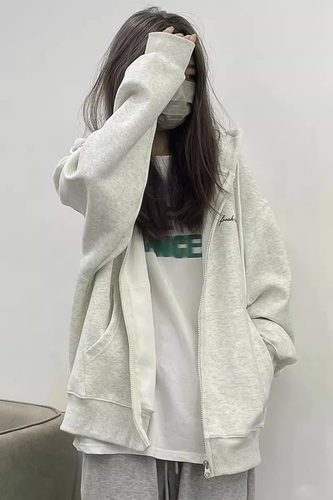 宽松纯棉美式复古拉链连帽卫衣
