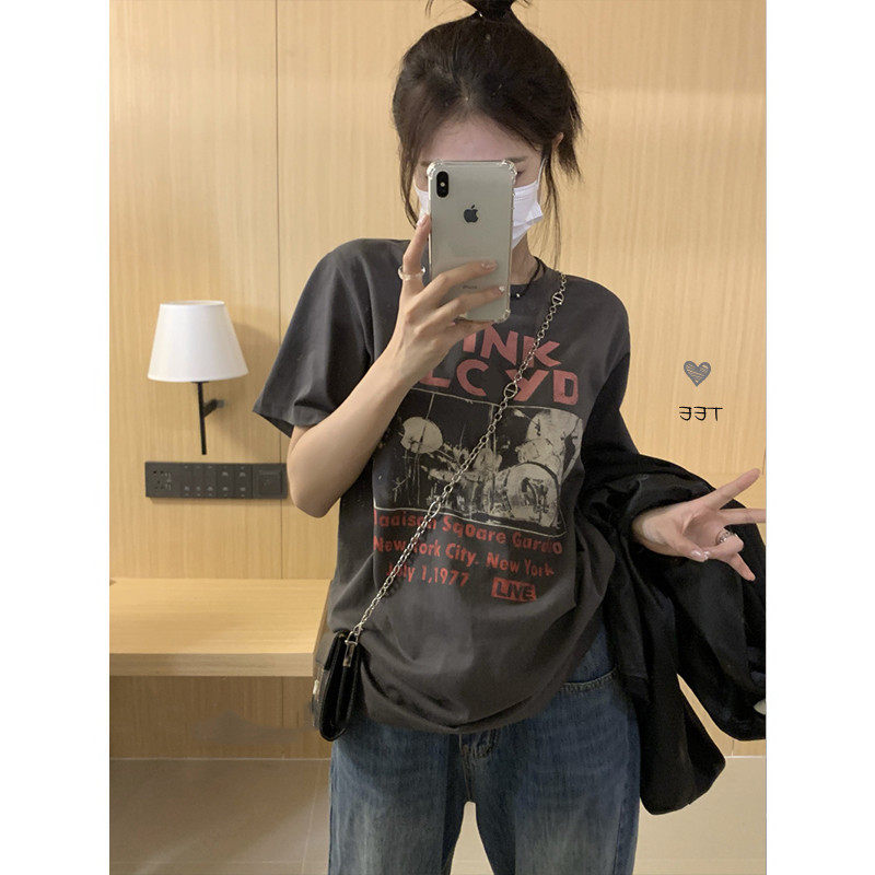 美式复古纯棉正肩短袖t恤女夏季2025年新款宽松港风chic潮牌上衣