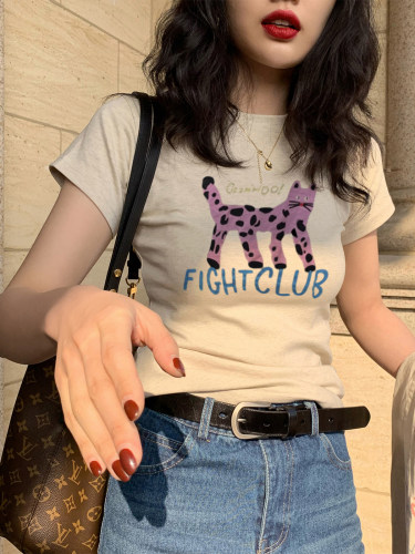 短袖美式常规猫咪印花纯棉女