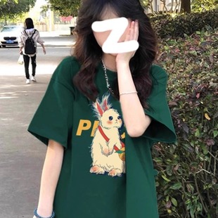 宽松oversize半袖 绿色纯棉短袖 美式 t恤女2025新款 设计感上衣 夏季