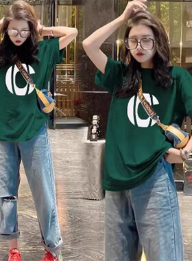 纯棉墨绿色短袖T恤女2025夏季新款美式重磅欧货字母印花半袖上衣