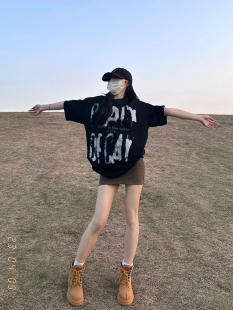 宽松半袖 纯棉美式 夏季 涂鸦字母印花黑色短袖 上衣潮 T恤女2025新款