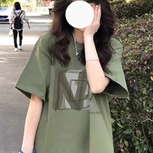 纯棉美式正肩抹茶绿色短袖t恤女2026新款夏季宽松半袖设计感上衣