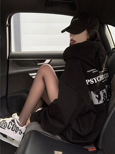 纯棉美式复古黑色卫衣女秋冬季加绒加厚oversize港味chic连帽外套