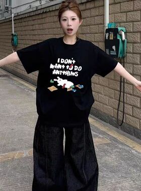 纯棉美式高街潮牌黑色短袖t恤女2025新款爆款设计感正肩宽松上衣