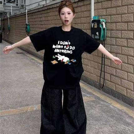 纯棉美式高街潮牌黑色短袖t恤女2025新款爆款设计感正肩宽松上衣